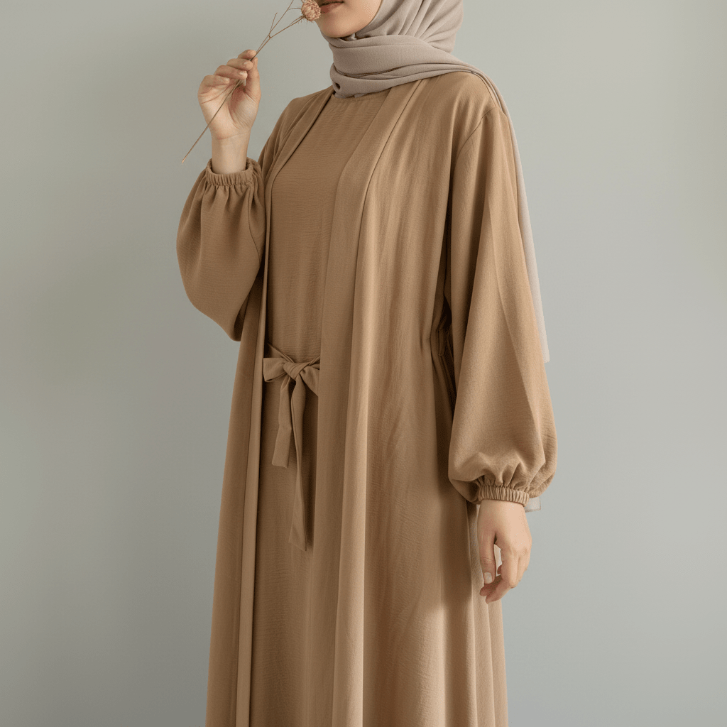 Solid Color Elegant Open Abaya with Pockets | 3 - Piece Set Open Abaya (MOA092) - Mariam's Collection