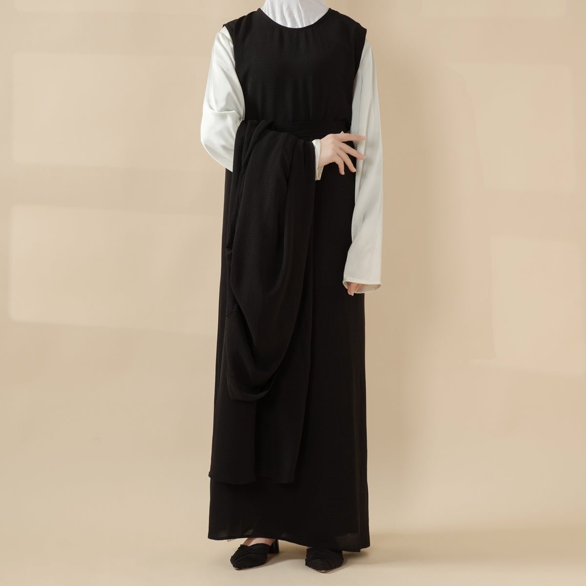 Solid Color Elegant Open Abaya with Pockets | 3 - Piece Set Open Abaya (MOA092) - Mariam's Collection