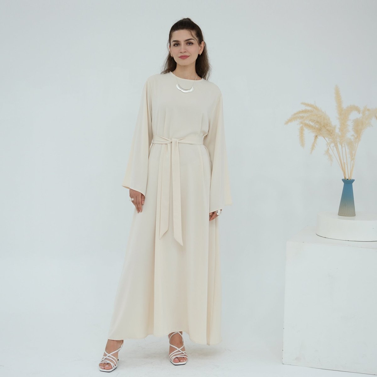 Solid Color Nida Abaya with Belt | A-Line Maxi Dress Abaya