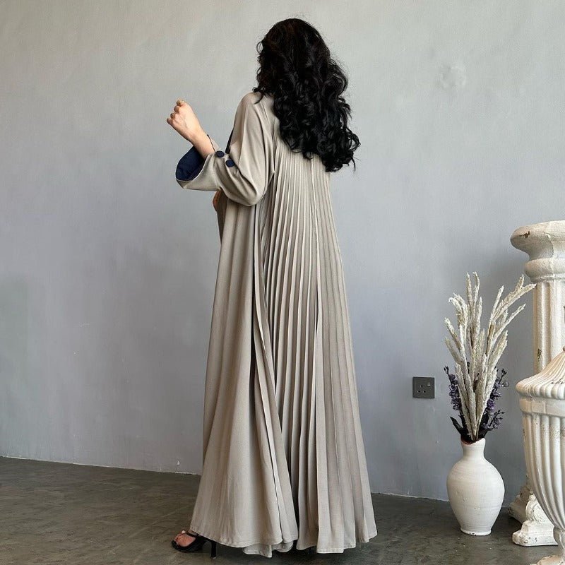 Autumn & Winter Long Dress with Open Front | Solid Color Pleated Abaya Cardigan 