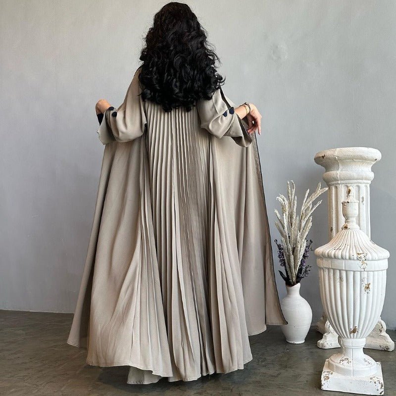 Autumn & Winter Long Dress with Open Front | Solid Color Pleated Abaya Cardigan 