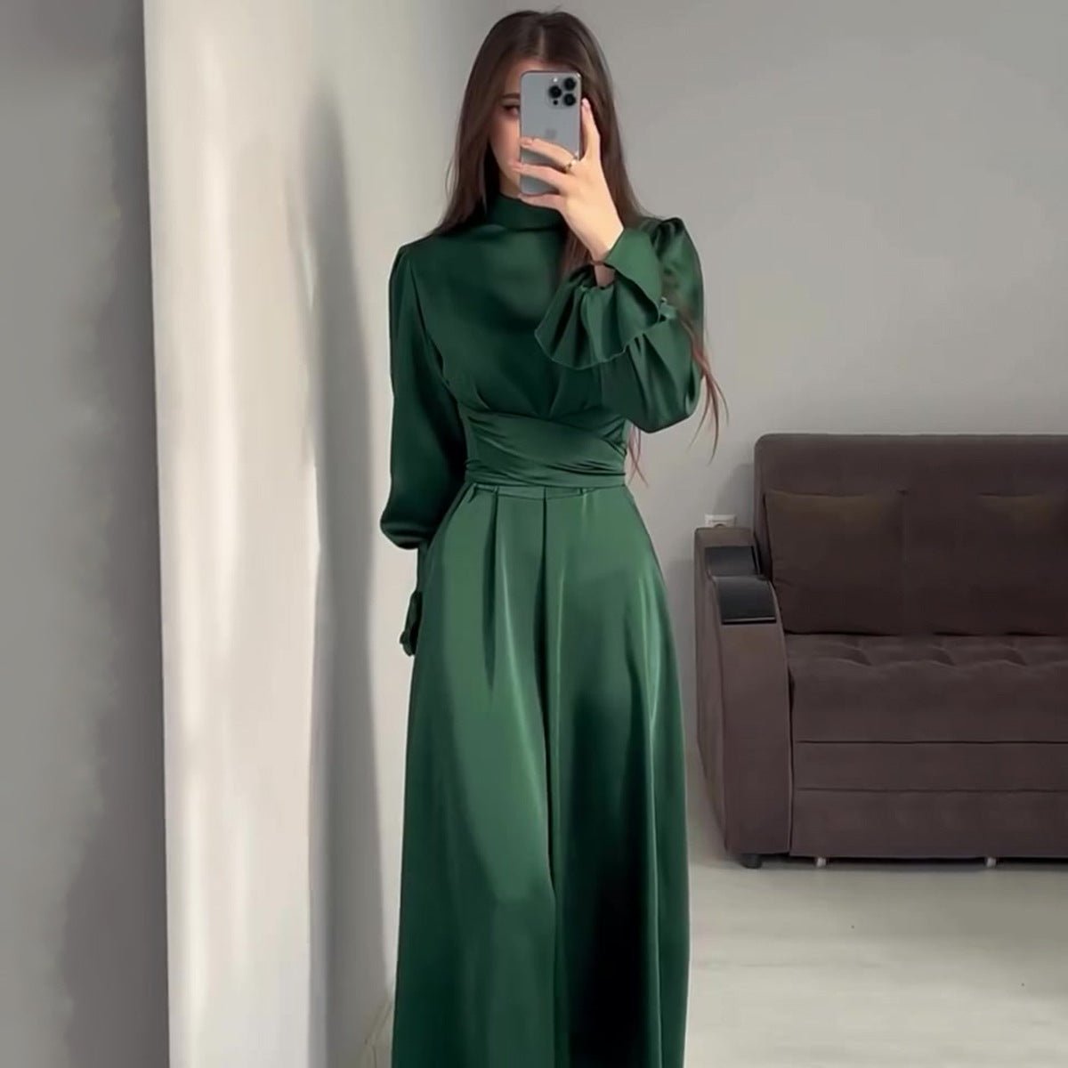 Solid Color Puff Sleeve Long Sleeve Waist - Defining Elegant Dress. (MA164) - Mariam's Collection