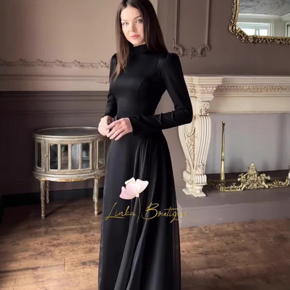 Spring Temperament Black Maxi Dress And Elegant High Neck Long Sleeve Dress with Floral Accent. (MA220) - Mariam's Collection