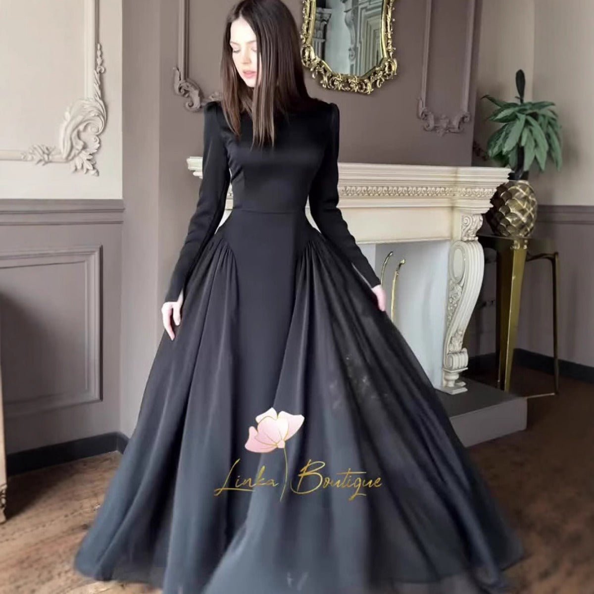 Spring Temperament Black Maxi Dress And Elegant High Neck Long Sleeve Dress with Floral Accent. (MA220) - Mariam's Collection