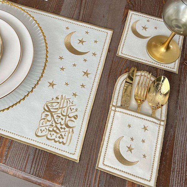 Star & Crescent Embroidered Leather Placemat Set | 3 - Piece Dining Table Decor (MAC390) - Mariam's Collection