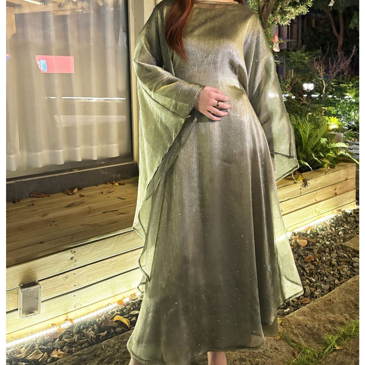 Olive Green Sequin Abaya Dress | Starry Night 2-Piece Maxi Dress with Flowing Cape