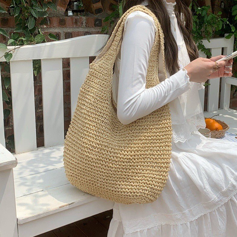 Straw Beach Bag for Women Fashionable Summer Versatile Large - capacity Holiday Style Straw Tote Bag (MAC241) - Mariam's Collection