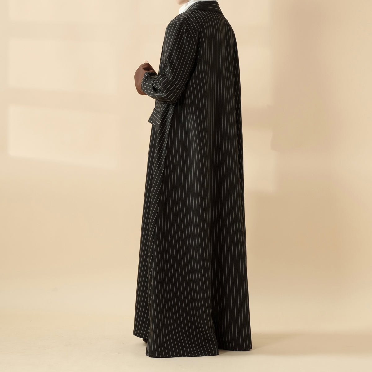Striped Contrast Color Commuting Double - Breasted Trench Coat Open Abaya (MOA123) - Mariam's Collection