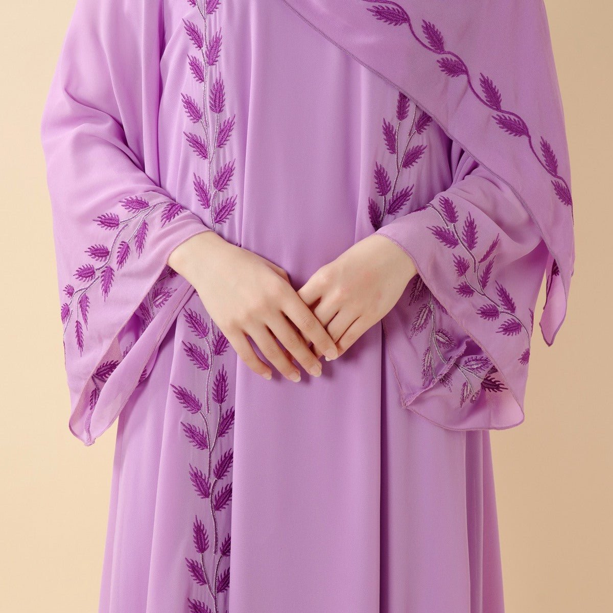 Summer Floral Embroidered Elegant Crew Neck Long Sleeve Chiffon Abaya Dress with Matching Headscarf. (MA230) - Mariam's Collection