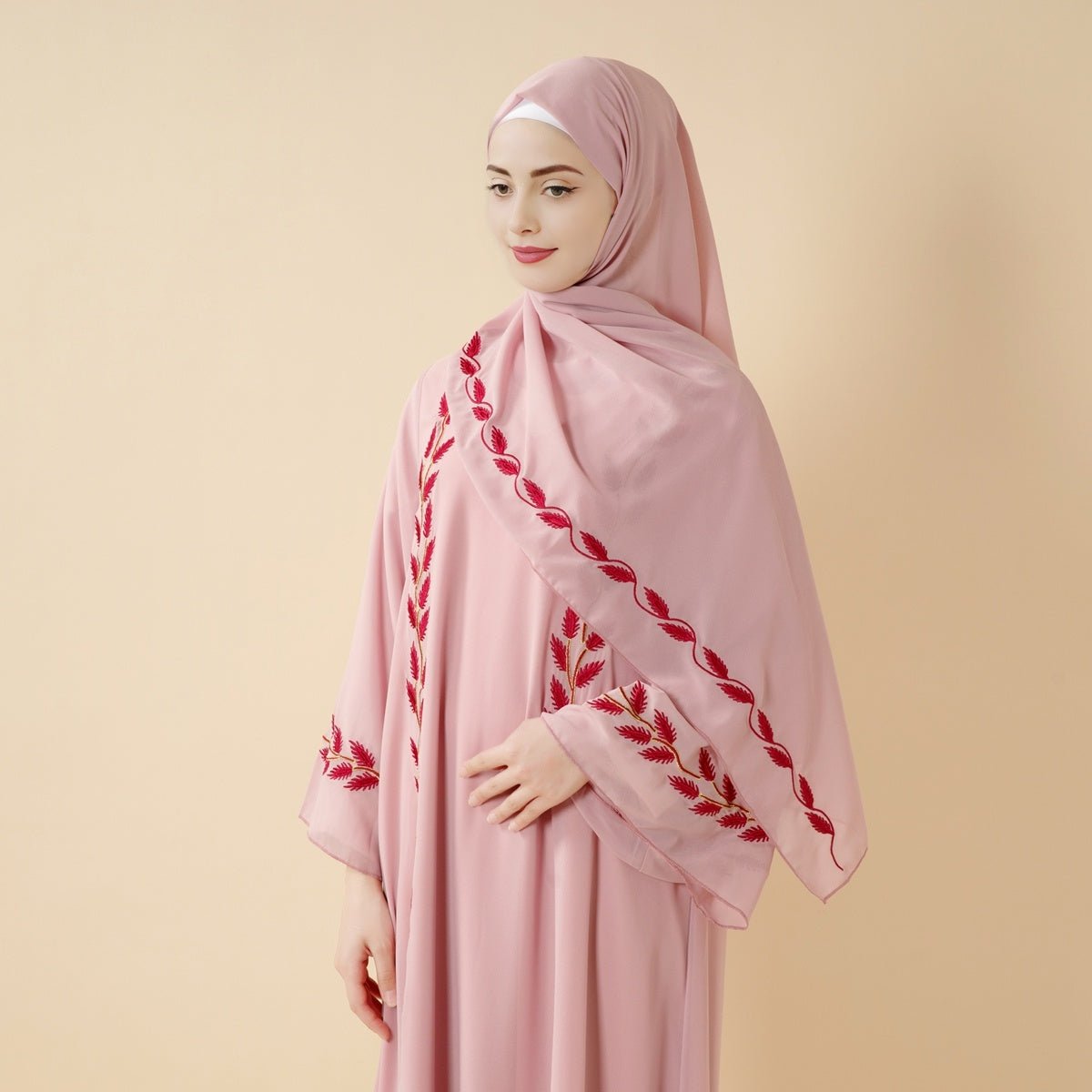 Summer Floral Embroidered Elegant Crew Neck Long Sleeve Chiffon Abaya Dress with Matching Headscarf. (MA230) - Mariam's Collection