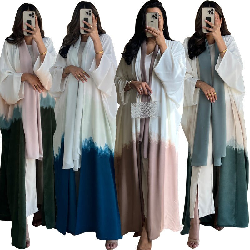 Tie-Dyed Muslim Abaya Dress | Summer Gradient Color Cardigan Cape with Flowy Bell Sleeves 