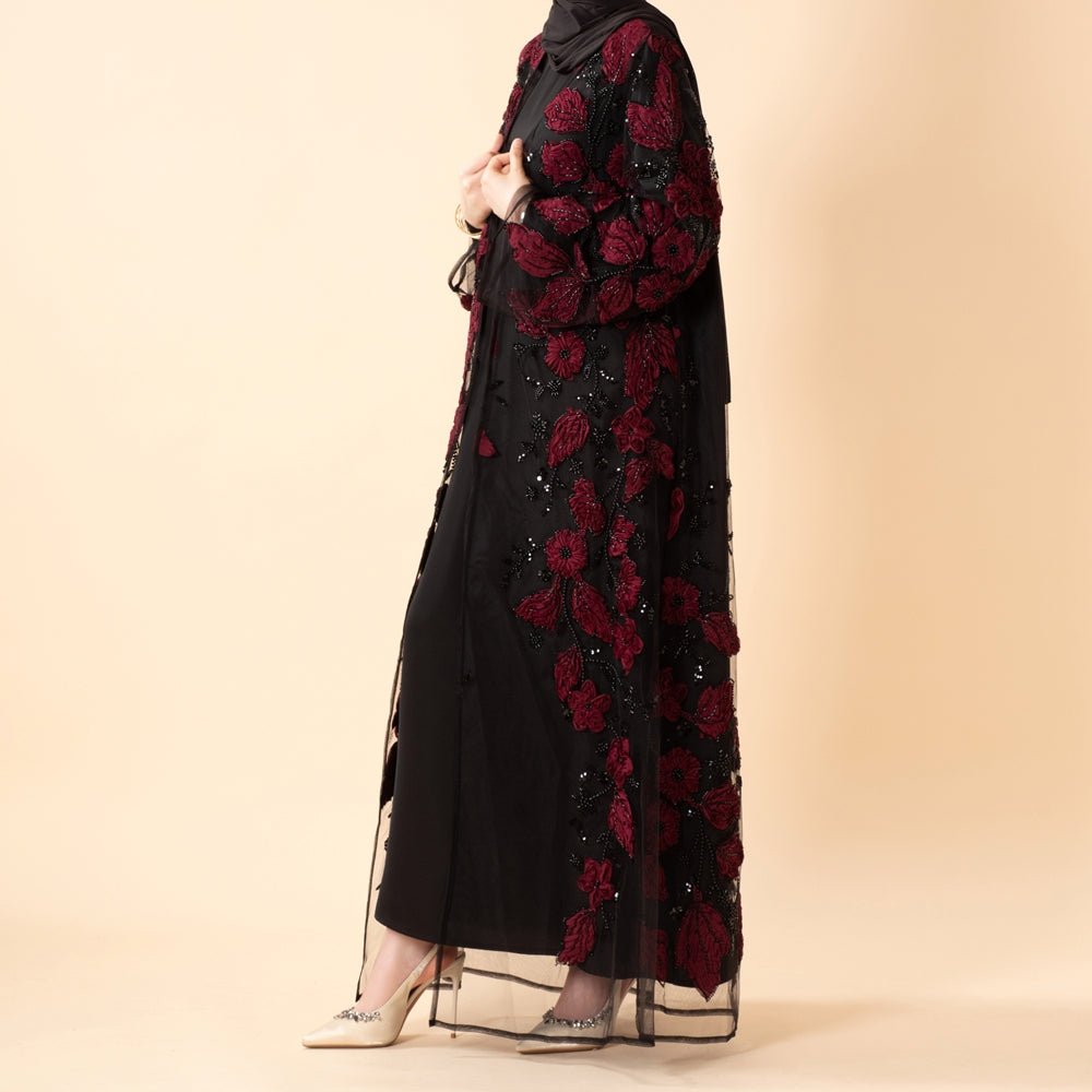 Light-catching sequin and floral motif detail on luxury open abaya