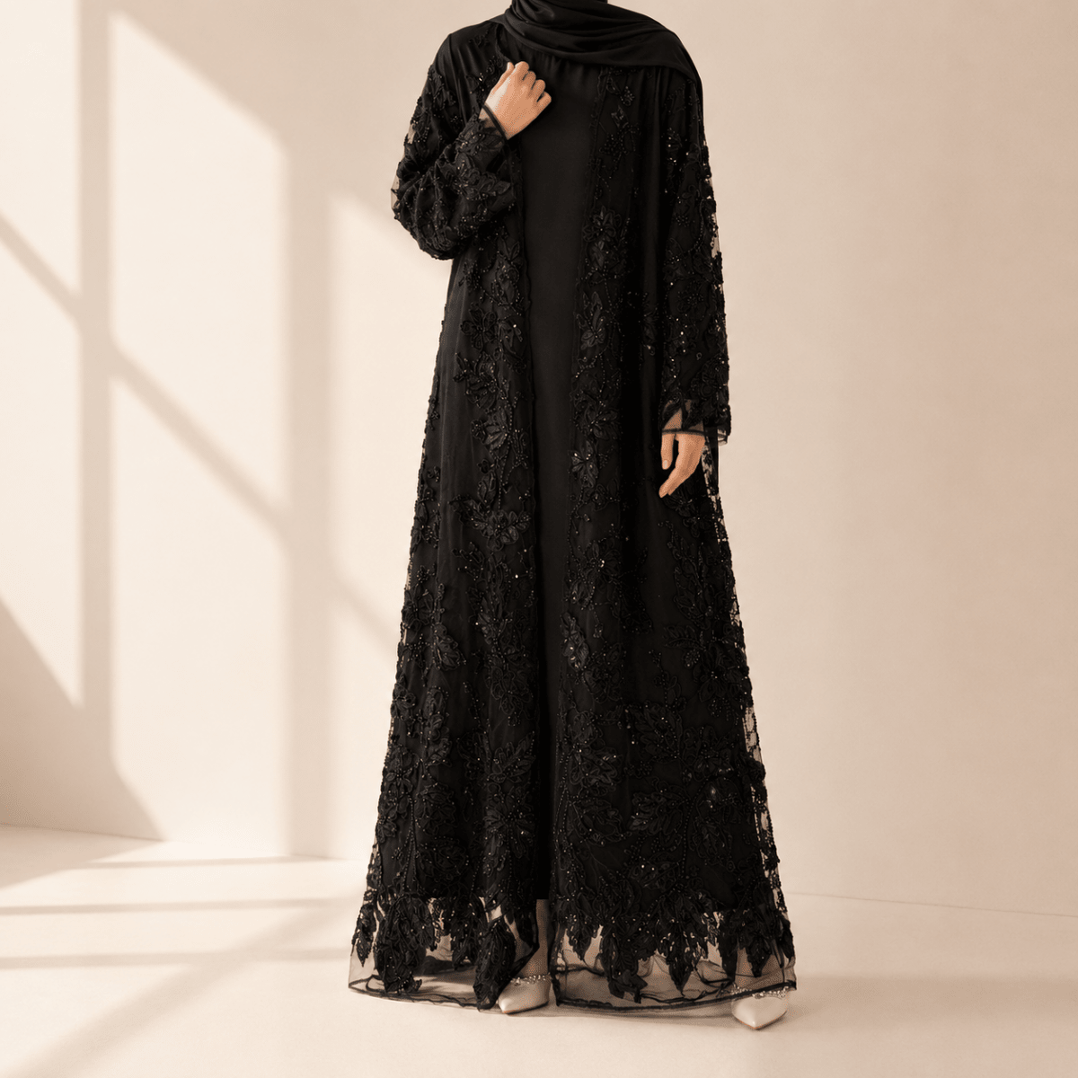 Full-length front view of couture mesh open abaya with 3D floral embroidery