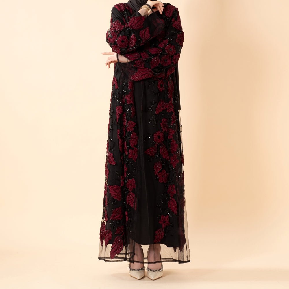 Back view of luxury 3D floral embellished open abaya showing draped silhouette