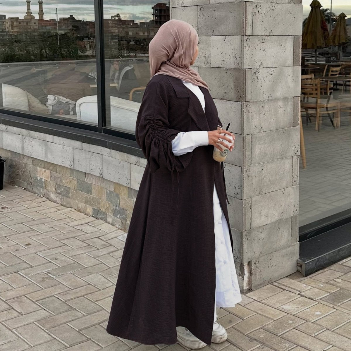 Tailored Blazer Cardigan with Ruched Sleeves | Open - Front Twill Blend Jacket(MOA246) - Mariam's Collection