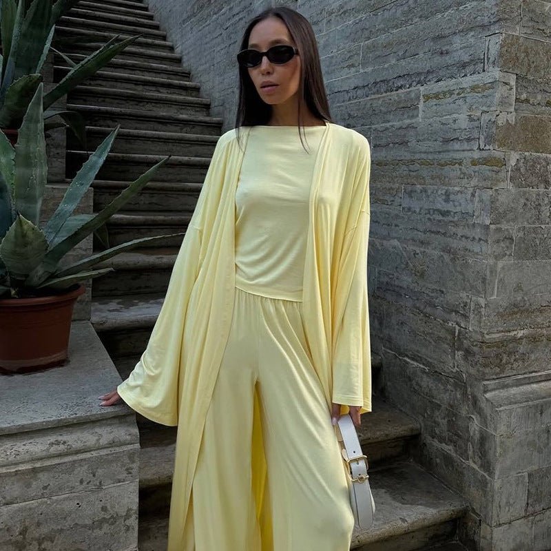Three - Piece Cape Cardigan Set | Crop Top & Wide - Leg Pants Outfit(MS258) - Mariam's Collection