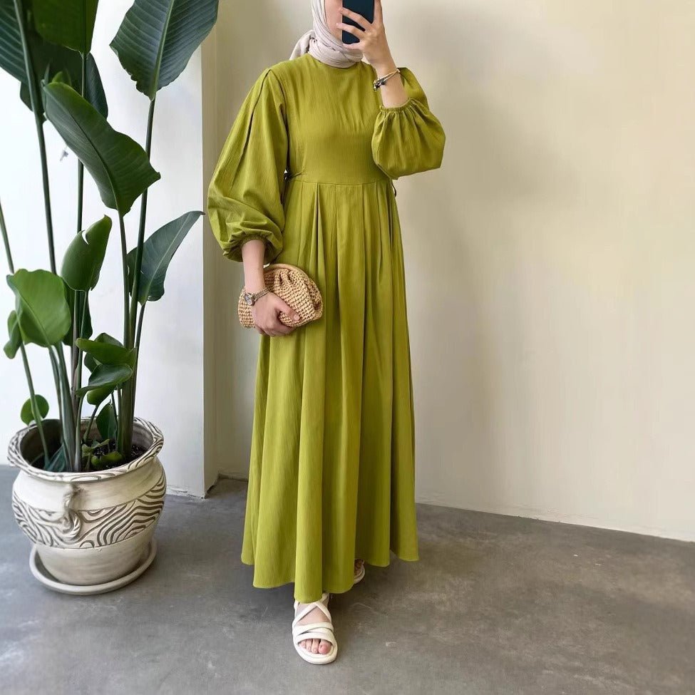 Tie-Waist Bubble Sleeve Abaya | Pleated Maxi Dress Abaya with Back Zip