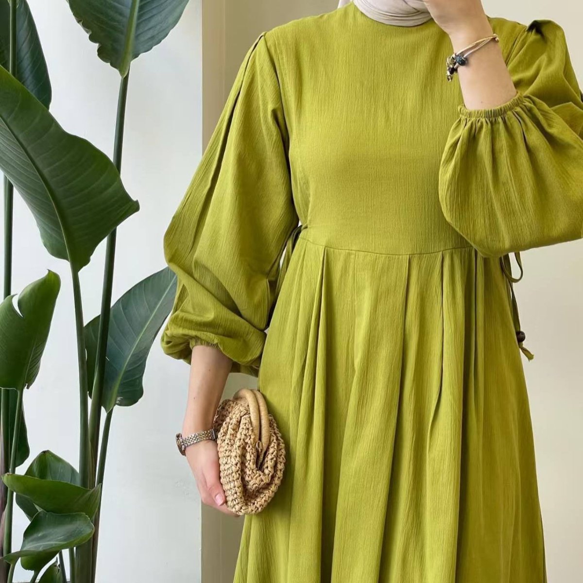 Tie-Waist Bubble Sleeve Abaya | Pleated Maxi Dress Abaya with Back Zip