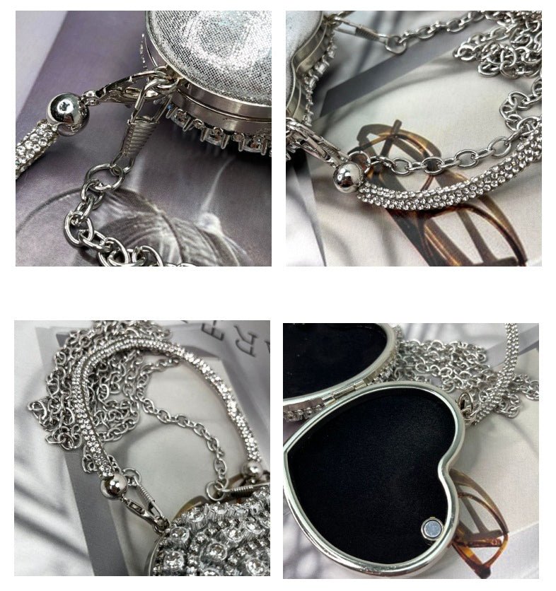Trendy Mini Heart Chain Clutch Bag with Rhinestones – Elegant Evening Crossbody Purse for Women（MAC240） - Mariam's Collection