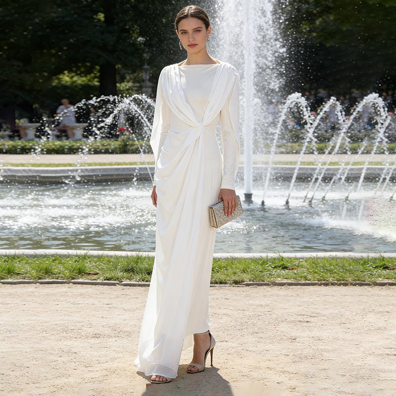 Twisted Drape Maxi Dress – White Bridal Evening Dress