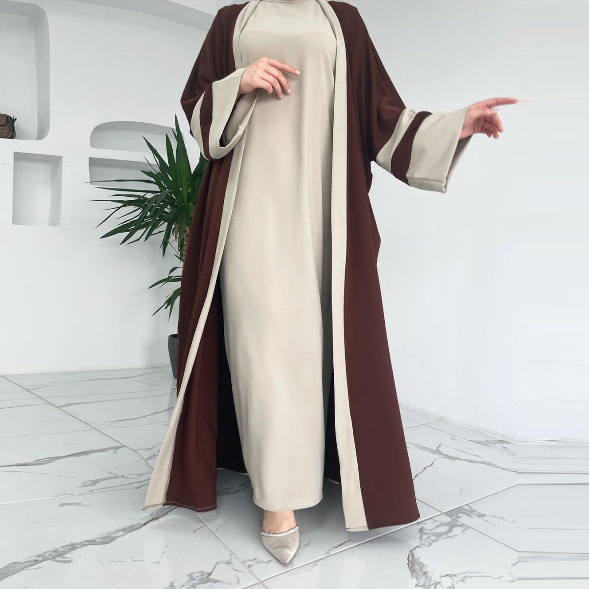Two - Color Splicing Open Abaya 2 - Piece Set (MOA045) - Mariam's Collection