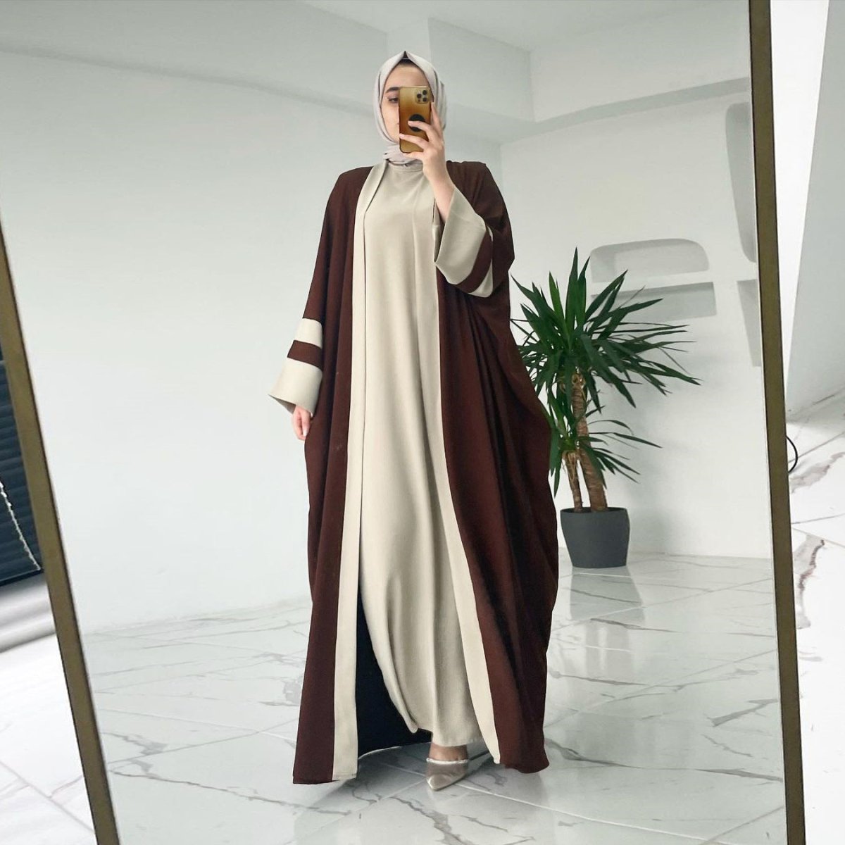 Two - Color Splicing Open Abaya 2 - Piece Set (MOA045) - Mariam's Collection
