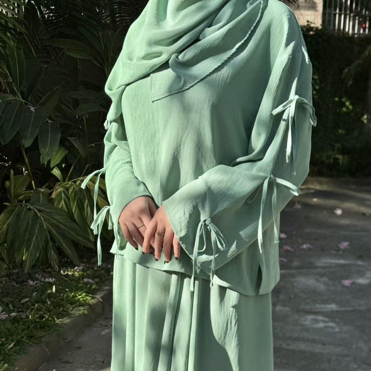 Practical tunic skirt ensemble in emerald for everyday modest wear