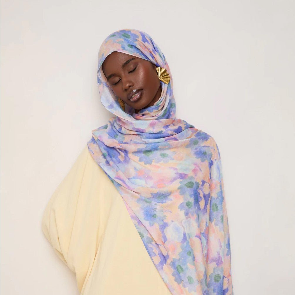 Vibrant Floral Print Scarf Hijab | Lightweight Botanical Headscarf 
