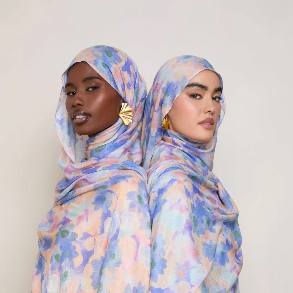Vibrant Floral Print Scarf Hijab | Lightweight Botanical Headscarf 