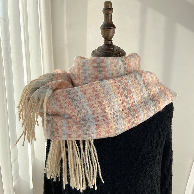 Vibrant Plaid Scarf Faux Wool Warm Shawl with Fringe (MAC334) - Mariam's Collection