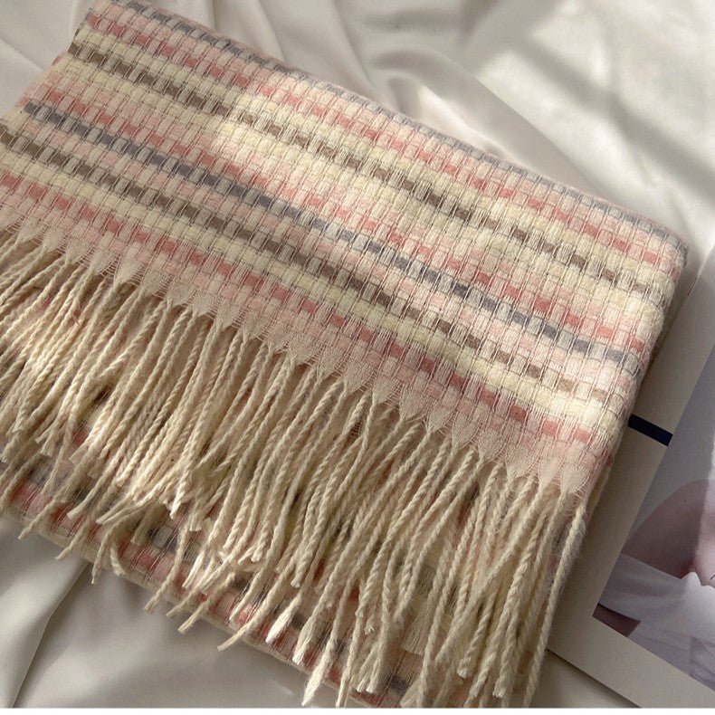 Vibrant Plaid Scarf Faux Wool Warm Shawl with Fringe (MAC334) - Mariam's Collection
