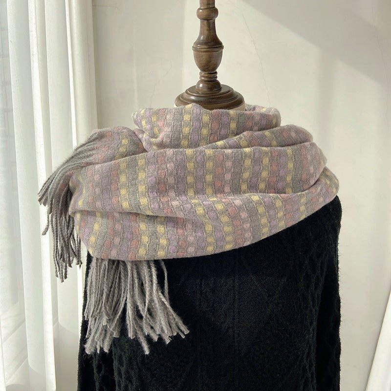 Vibrant Plaid Scarf Faux Wool Warm Shawl with Fringe (MAC334) - Mariam's Collection