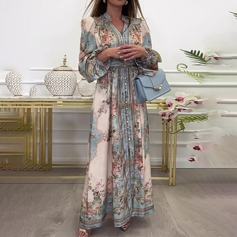Vintage Floral Maxi Dress | V - Neck Long Sleeve Victorian Style Dress(MA378) - Mariam's Collection
