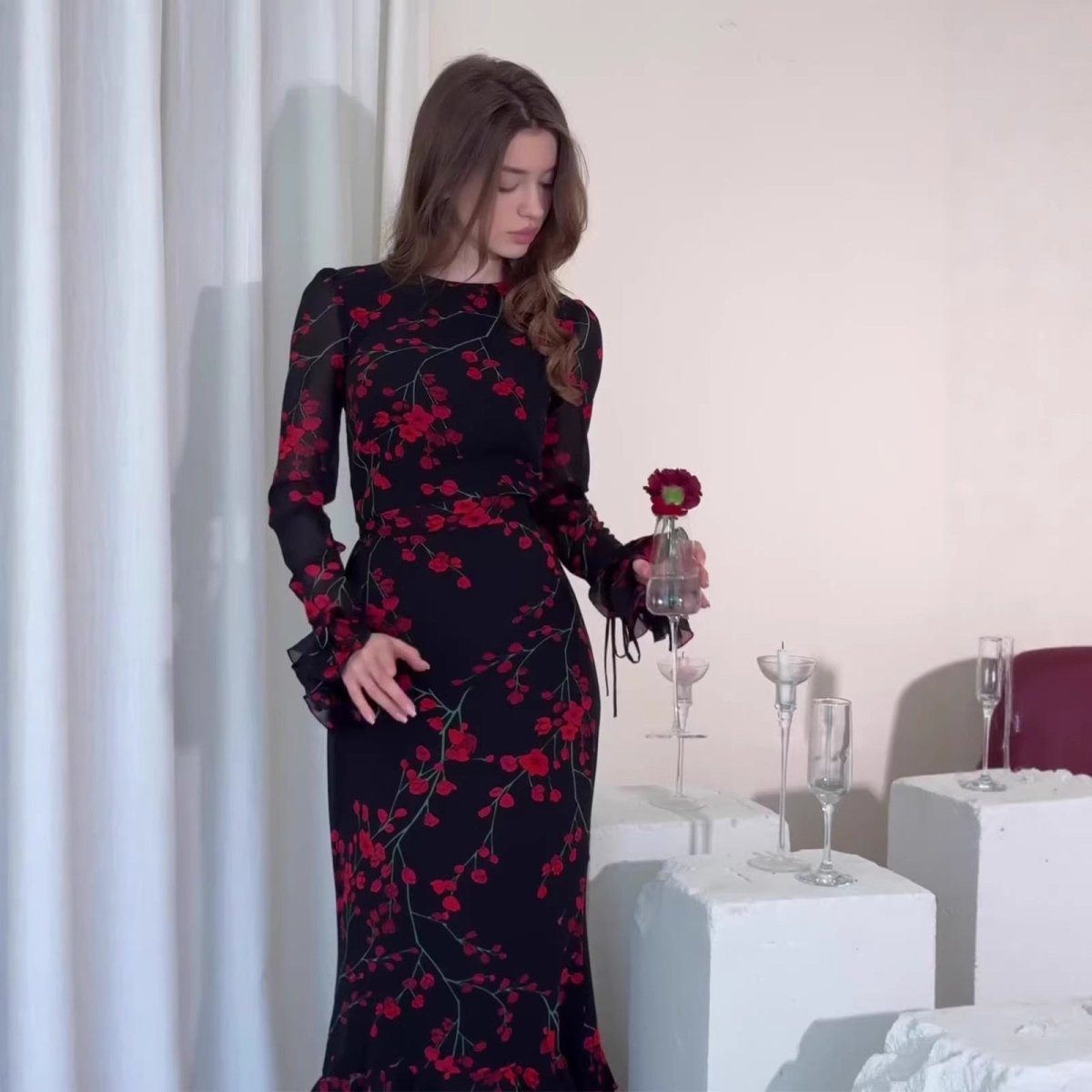 Vintage Floral Print Dress – Cherry Blossom Ruffle Dress