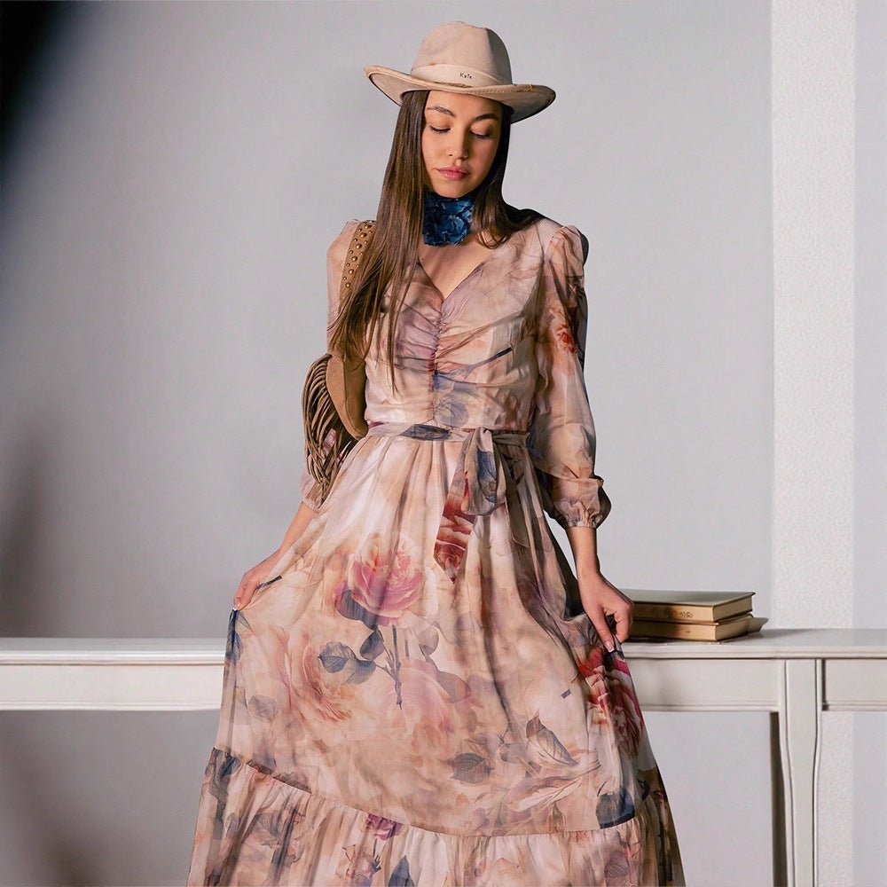 Watercolor floral maxi dress in khaki with artistic V-neck design