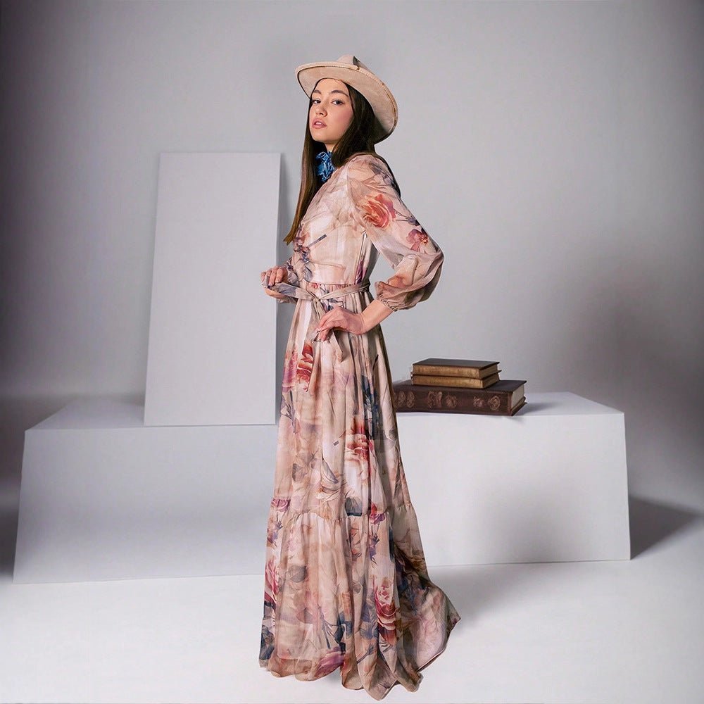 Watercolor Floral V-Neck Maxi Dress — Prairie Inspired Modest Floral Gown