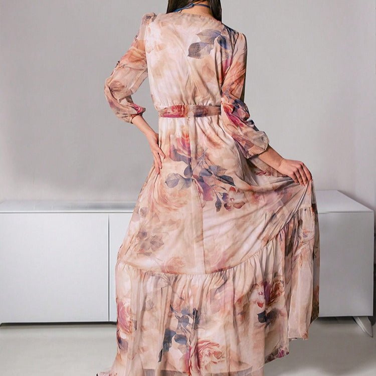 Khaki watercolor floral dress with elegant V-neckline and flowing skirt