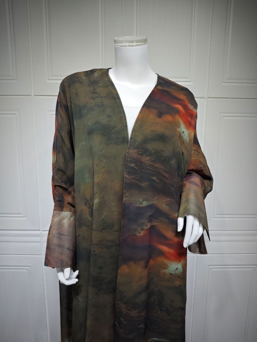 Watercolor Print Chiffon Abaya Muslim Women's Elegant Cover - Up Modest Floral Robe Dress with Bell Sleeves. (MOA153) - Mariam's Collection