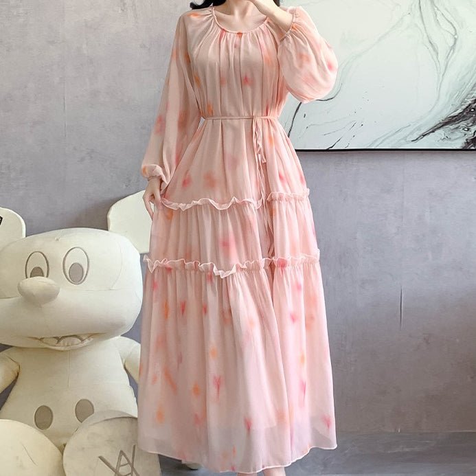 Watercolor Print Chiffon Maxi Dress | Long Sleeve Tiered Dress(MS270) - Mariam's Collection