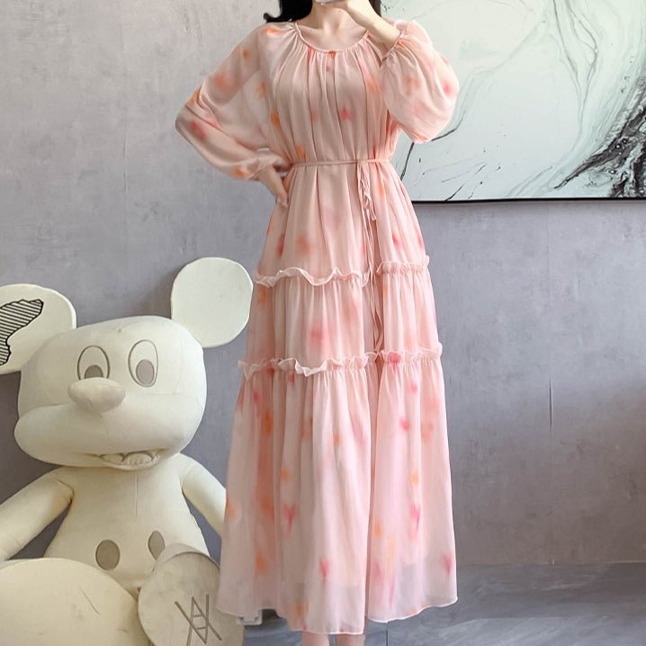 Watercolor Print Chiffon Maxi Dress | Long Sleeve Tiered Dress(MS270) - Mariam's Collection