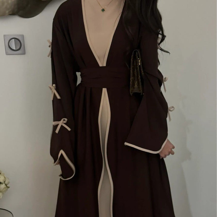 Wavy Edge Bow Embellished Open Abaya (MOA133) - Mariam's Collection