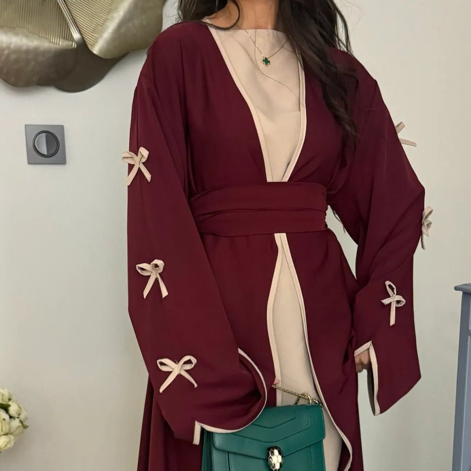 Wavy Edge Bow Embellished Open Abaya (MOA133) - Mariam's Collection