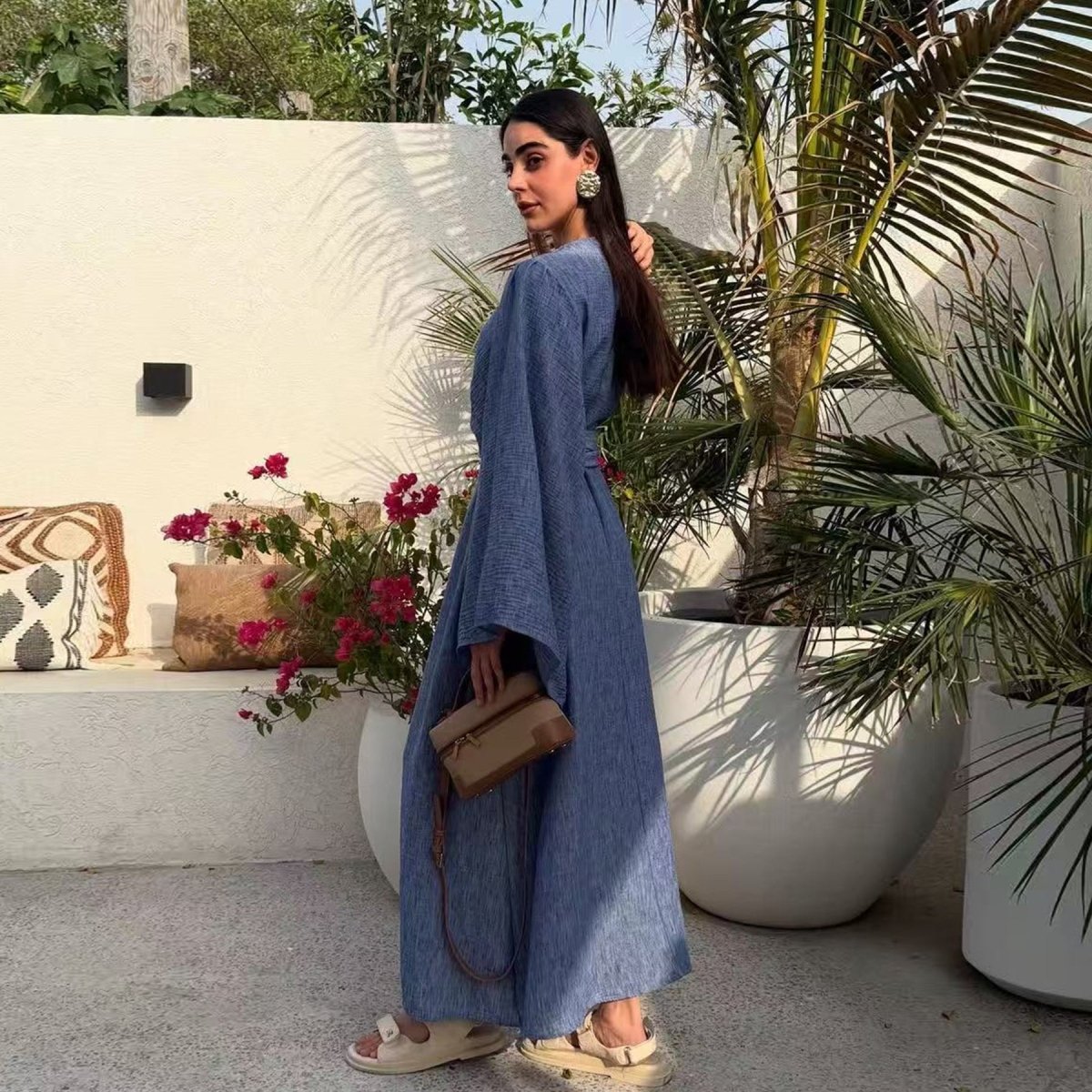 Wide Sleeve Textured Twill Blend Abaya with Belt(MA333) - Mariam's Collection
