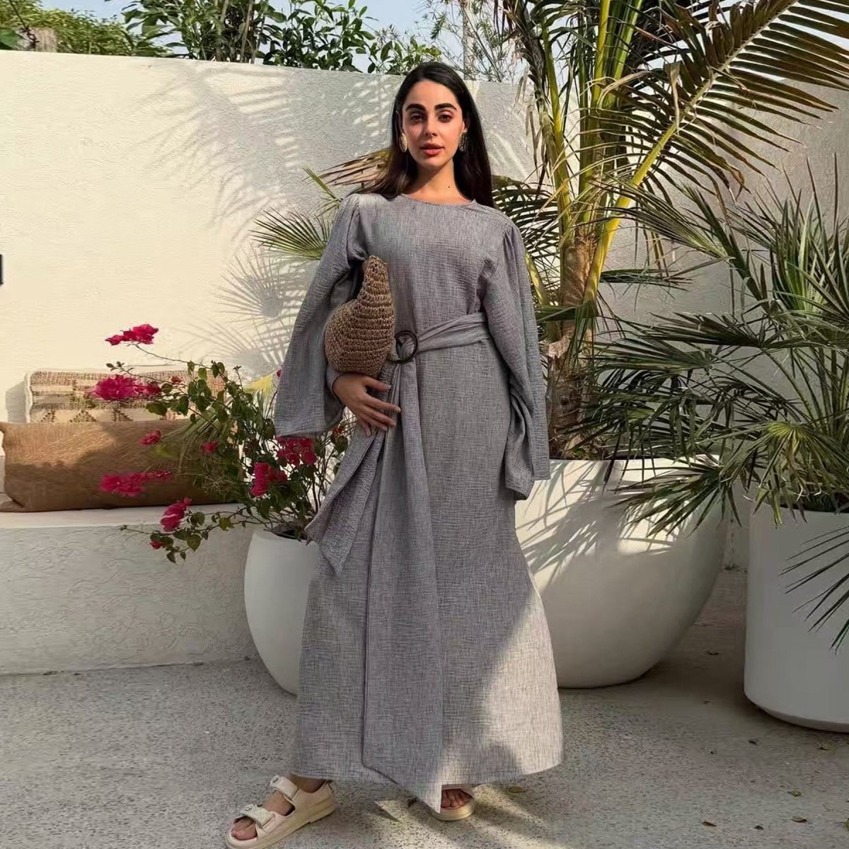 Wide Sleeve Textured Twill Blend Abaya with Belt(MA333) - Mariam's Collection