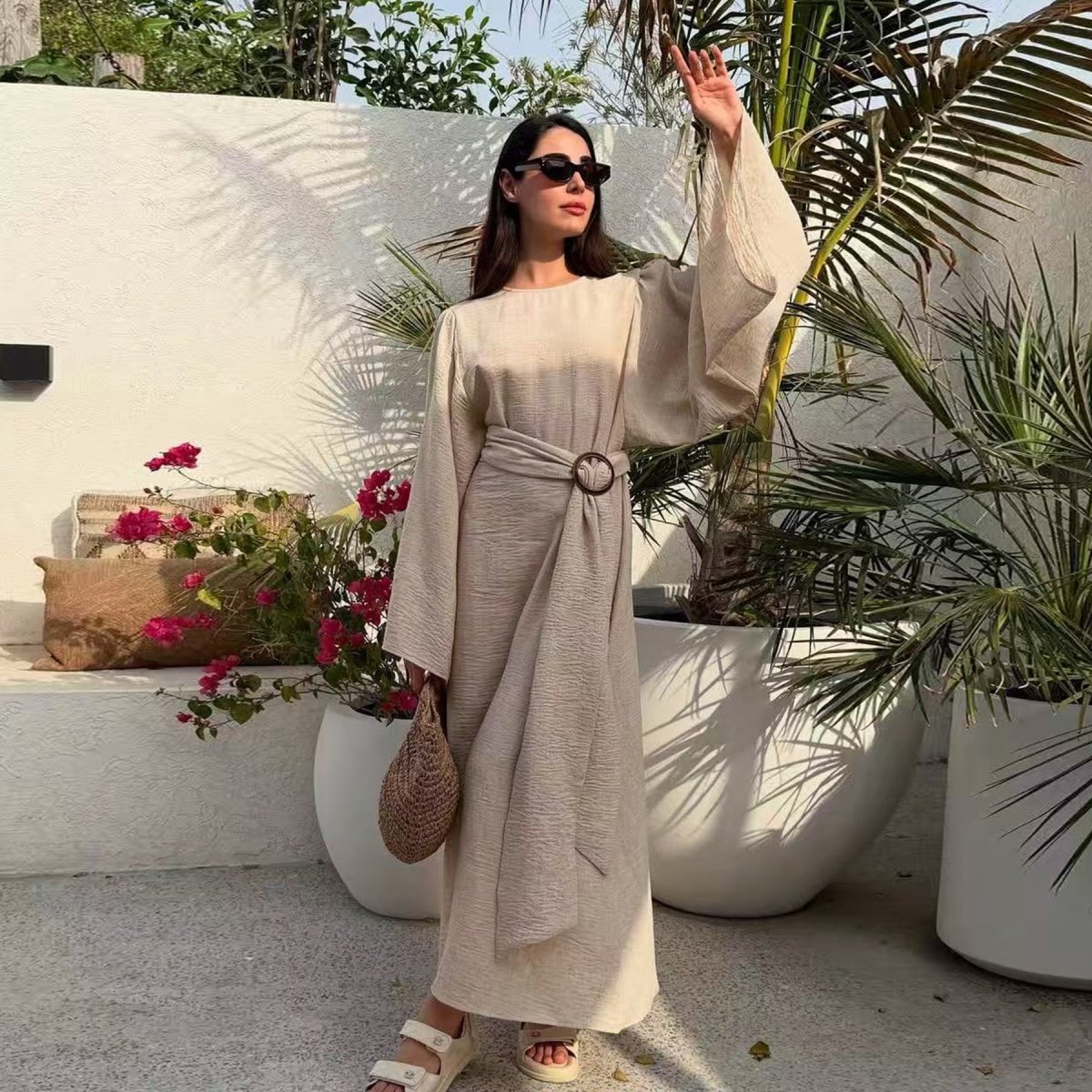 Wide Sleeve Textured Twill Blend Abaya with Belt(MA333) - Mariam's Collection